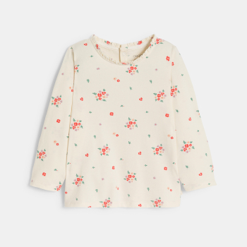 تيشيرت قطن واسع مضلع بطبعة الزهور باللون الأبيض للفتيات الصغيرات